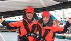 Miles ahead. Skipper Rune Aasberg and Simen Løvgren whose yacht 'Solo' lived up to its name by crossing the Lerwick finishing line 10 hours ahead of its nearest rival on Thursday morning. Photo Ian Leask