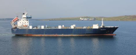 Serco NorthLink's Hildasay freight vessel chartered from Seatruck who employ East Europeans on less than the minimum wage. Photo Tony Garner