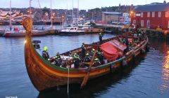 The 114-foot Draken Harald coming into Albert Wharf on Friday night. Photo: Ian Leask