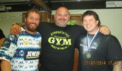 Shetland strongman Dhanni Moar (right) with his coach Bryan Pearson and competitor Rob Frampton.