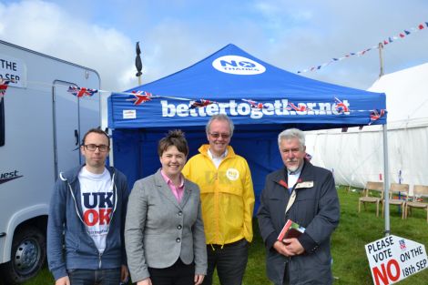 Ruth Davidson joining Better Together Shetland campaigners at their Cunningsburgh Show stall on Wednesday. Photo: Shetnews