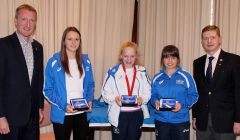 From left to right: Shetland MSP Tavish Scott, swimmer Andrea Strachan, bronze medal winning swimmer Erraid Davies, table tennis player Lynda Flaws and SIC convener Malcolm Bell. Photo: Davie Gardner