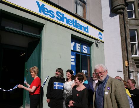 Nicola Sturgeon officially opening Yes Shetland's premises on Harbour Street. Photo: Douglas Young