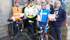 Promoting the new leaflet on cycling safety in Shetland at Lerwick Town Hall (left to right): Arwed Wenger of Lerwick Community Council; Elaine Skinley, road safety officer; police inspector Lindsay Tulloch; councillor Steven Coutts; Robin Atkinson of Shetland Wheelers; councillor Michael Stout; and Colin Smith of Shetland Wheelers. Photo courtesy of SIC.