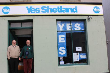 Brian Nugent (right) and Richard Boston outside their crowd-funded Yes Shetland shop. Photo Shenews