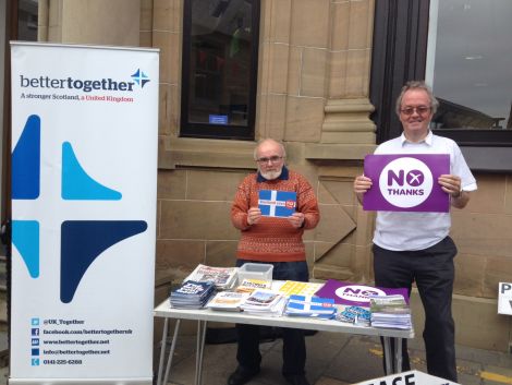 Shetland Better Together campaigners Geordie Jacobson and Graham Johnston in Lerwick on Monday - Photo: Neil Riddell/Shetland News