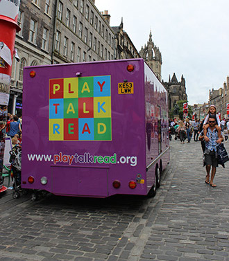 Bessie the PlayTalkRead bus on Edinburgh's Royal Mile this summer.