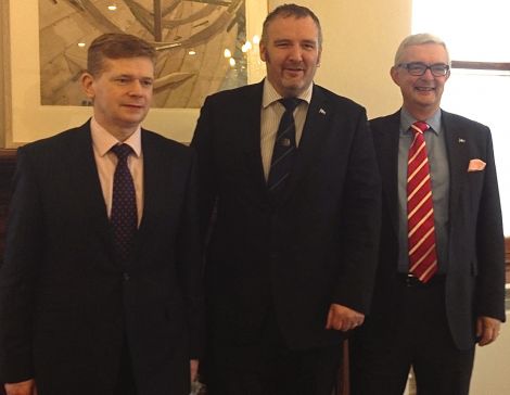 SIC convener Malcolm Bell, leader Gary Robinson and chief executive Mark Boden at Lystina House today. Photo: Shetnews
