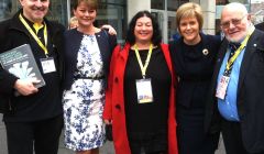 Shetland delegates at the SNP conference Neil Sutherland (left), Louise Giblin (centre) and Charlie Gallacher (right) with Leanne Wood, leader of Plaid Cymru (centre left) and new SNP leader Nicola Sturgeon (centre right).