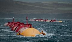 Not making waves. Two Pelamis wave generators being tested at the European Marine Energy Centre, off Stromness.
