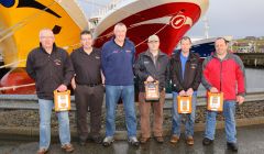 The training team visited Whalsay to carry out training last week. From left: John Ellis, Ross Cowie, Neil Campbell, Jimmy Tulloch (Charisma), Hamish Corrigall and William Polson (mate on the Charisma).