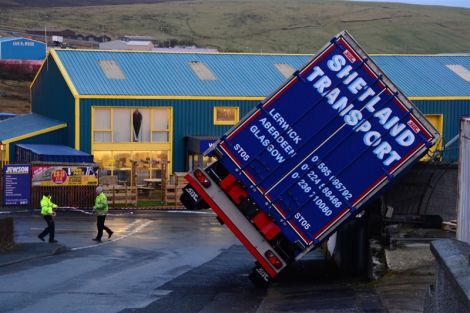 A Shetland Transport lorry blown sideways by the wind. Photo: Mark Berry