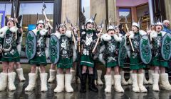 Lerwick Up Helly Aa's 2015 junior Guizer Jarl Lewis Harkness and his squad on Commercial Street. Photo: Craig Sim
