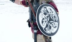 Well-armed! Jarl Ingvar Vittfarne wields his Damascus sword and spear. Photo Kevin Osborn