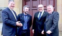 Scottish secretary Alistair Carmichael (left) and the three islands council leaders Steven Heddle (Orkney), Gary Robinson (Shetland) and Angus Campbell (Na h-Eileanan an Iar) agreeing guidelines to ensure that the islands' unique circumstances are being reflected in UK government policies - Photo: Pete Bevington/ShetNews