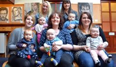 From back row (left to right): Amy Gerrard with Lucy, Elaine Gair with Connor; Front row: Chloe Tallack with Thea, Jennifer Munro with Magnus, and Nicola Bowie with Rylee. Photo: Shetnews/Neil Riddell