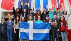 Pupils from Brae High School welcoming their European visitors - Photo: Gordon Stove