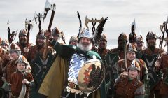 Guizer Jarl Neil Robertson and his squad in good spirits at Aberdeen beach on Wednesday.