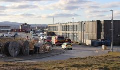Fire engines and the police outside the Sella Ness accommodation block on Saturday evening. Photo Shetnews