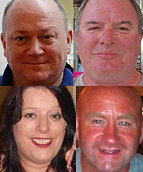 The four victims of the Super Puma crash in August 2013; clockwise from top left: George Allison, Gary McCrossan, Duncan Munro and Sarah Darnley.