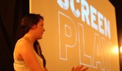 Local filmmaker Marjolein Robertson speaking during the Screenplay launch at Mareel on Tuesday night. Photo: Lauren Doughton