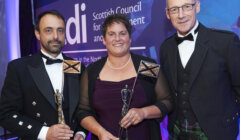Accepting their awards from Scottish finance secretary John Swinney (right) are Dave Cockerill (Marine Harvest) and Celine Kimpflin (Scottish Sea Farms) - Photo: SCDI