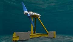 An image of the new Nova M100 tidal turbine being prepared for installation off Yell. Image Nova Innovation