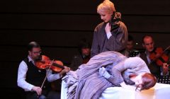 A scene from Hirda (left to right): Chris Stout (Violin), standing - Laura Smith (Vaila); lying down Marie Clair Breen (Ghost) and Martin Wiggins (Viola) - all photos: Davie Gardner
