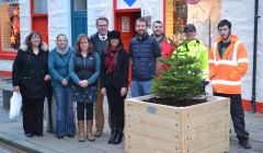 Harry Jamieson would have been proud. (Left to right) Christena Irvine (Living Lerwick manager), Dawn Siegel (N-Graved Shetland), Caroline Carroll (Harry’s), Steve Mathieson (Living Lerwick vice chair), Cynthia Adamson (Living Lerwick chair), Stewart Jamieson (Harry’s), Ryan Jamieson (Bridges Project), Asa Tulloch (Bridges) and William White (Bridges).
