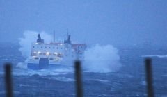 MV Hrossey leaving Lerwick in stormy weather last year.