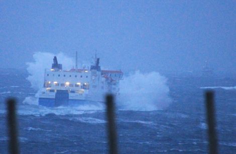 MV Hrossey leaving Lerwick in stormy weather last year.