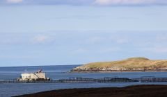 A salmon farm in Vidlin voe. Tavish Scott is arguing that the industry should benefit, via the NAFC Marine Centre, from seabed revenue.