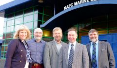 North Sea Commission marine resources group chairman Anders Fasth from Sweden (centre) and adviser Camilla Stavnes from Norway (left) with local councillors Drew Ratter (second from left) and Jonathan Wills (right) and NAFC director Willie Shannon (fourth from left). Photo courtesy of Shetland Islands Council.