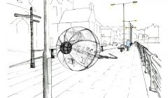 An artist's illustration of Da Lightsome Buoy at Lerwick waterfront.