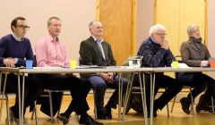Saturday night's Althing hustings at the tingwall hall (from left to right): Cameron Smith (Conservatives), Tavish Scott (LibDems), Althing chairman Andrew Halcrow, SNP candidate Danus Skene and Robina Barton (Labour) - Photo: ShetNews