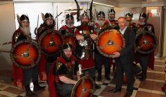 The 2016 Lerwick jarl squad pose with Serco NorthLink managing director Stuart Garrett before setting sail for the Big Apple.