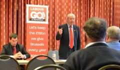 Making the case for an EU exit at Islesburgh on Friday night were former Labour trade minister Nigel Griffiths and former SNP deputy leader Jim Sillars. Photo: Shetnews