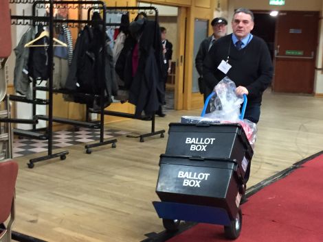 The first ballot boxes arriving at the count at Clickimin shortly after 10pm on Thursday. Photo: Shetnews/Hans J. Marter