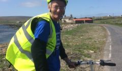 Peace campaigner Andrew Greig setting off on his 1,100 mile journey in northern Unst on Thursday.