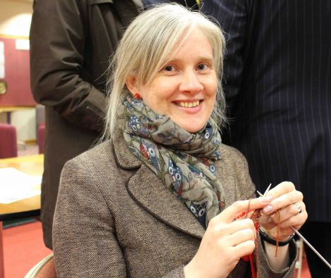 Labour candidate Robina Barton is keeping busy while we wait for the result - by knitting a tea cosy. Photo: Shetnews/Chris Cope