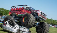 The Red Dragon monster truck: in Shetland this weekend for some car crushing.