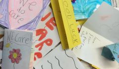 Some of the cards written by primary school pupils in Yell. "Children see things in more simple terms and perhaps we as grown ups should take example from that," says Inger Louise Kristiansen of Shetland Solidarity with Refugees.