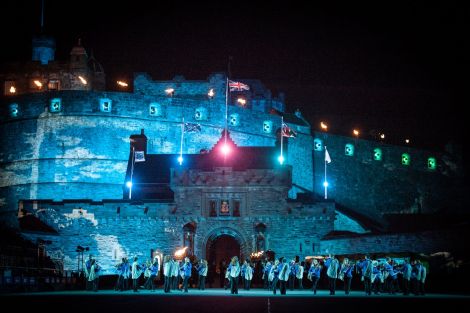 The Shetland fiddlers performing beneath the shadow of Edinburgh Castle at this year's tattoo. Photo: Martin Scott Powell / The Royal Edinburgh Military Tattoo.