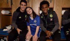 12 year old Macy pictured with Chelsea first team stars Oscar and Willian.