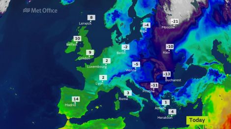 Monday's Met Office weather map for Europe.