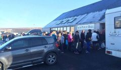 A queue formed outside Aith Hall on Sunday afternoon.