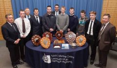 Students, guests and college staff gather for annual prize-giving photo (left to right):Captain George Sutherland, Aidan Redpath, Dr John Kemp, John Blance, Sam Spence, interim vice principal Andy Glen, Duncan Stewart, Steven Macleod, Stuart Smith, Robbie Tait and interim principle Willie Shannon - Photo: Ben Mullay