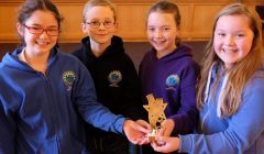 The P6 pupils from Tingwall Primary School who won today’s Euroquiz final – (from left) Kanchana Walls, Evan Moncrieff, Ruby Duncan and Lucy Thomson. Photo courtesy of SIC