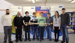 Shetland apprenticeship ambassador Ryan Jamieson, SCTG chairman Robert Anderson (left), apprenticeship officer Carrie Ann MacDonald and Shetland College senior lecturer in constructing Anthony McLeod (right) with the winning team from Brae High School consisting of Jake Rendall, Jack Garrick, Sam Nicolson and James Johnson in the centre - Photo: Hans J Marter/ Shetland News