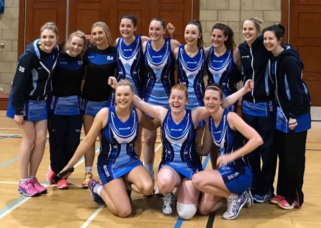 Shetland's victorious netball players following Saturday's 52-25 victory.  Back row (from left): Shelley Sandison, Claire Morris, Bethany Anderson, Kim Johnson, Karen Bannister, Ava Sim. Front row: Kirsti Leask, Sanna Aitken, Maisie Unsworth. Photo: Mark Harcus.